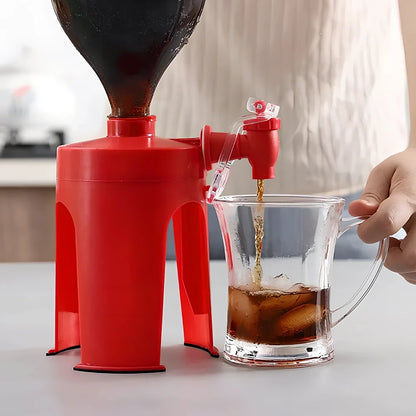 Red automatic beverage dispenser gadget measuring 15cm tall with universal bottle fitting