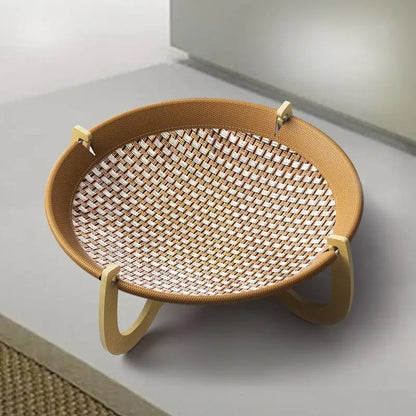 Brown square woven rattan pet hammock bed for cats and small dogs, shown off the ground.