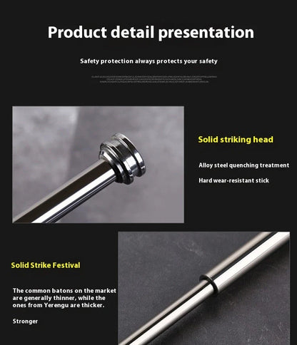 Automatic spring expandable baton in titanium black with aluminium alloy construction showing three length options