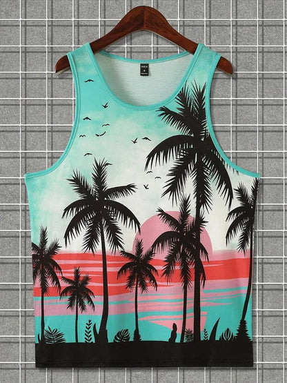 Men's solid colour Hawaiian-style sleeveless vest with 3D printed design in polyester fabric