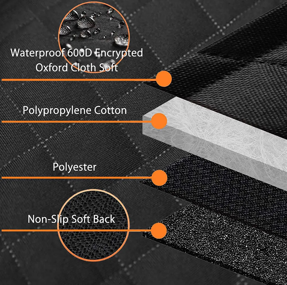 Black and orange edge waterproof dog car seat mat measuring 147x137cm with mesh window and accessory pocket