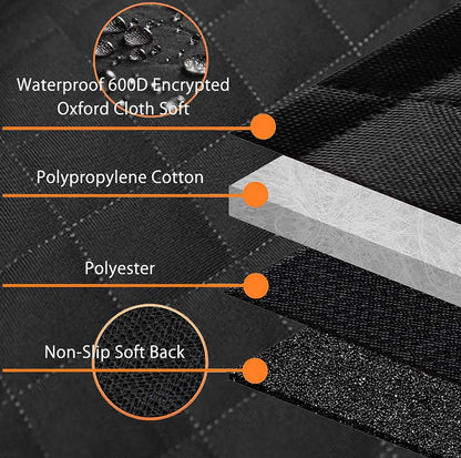 Black and orange edge waterproof dog car seat mat measuring 147x137cm with mesh window and accessory pocket