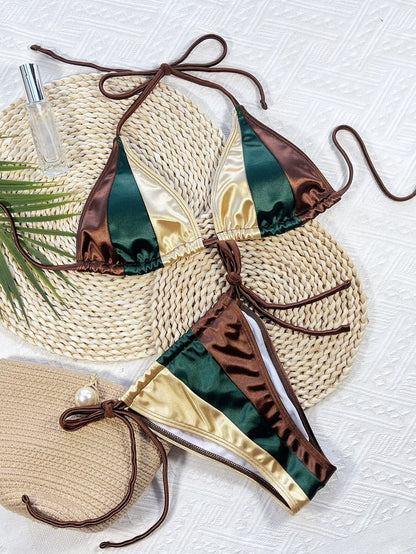 Women's solid color stitched bikini swimwear set in multicolor