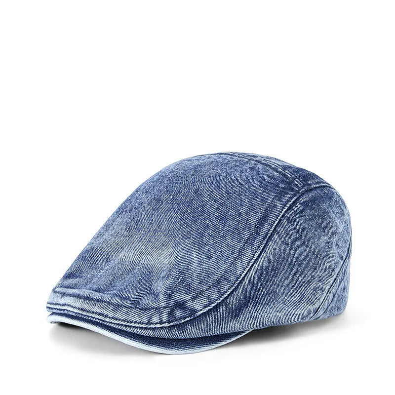 Men's denim baseball cap with flat crown in Korean style, shown in multiple colour options