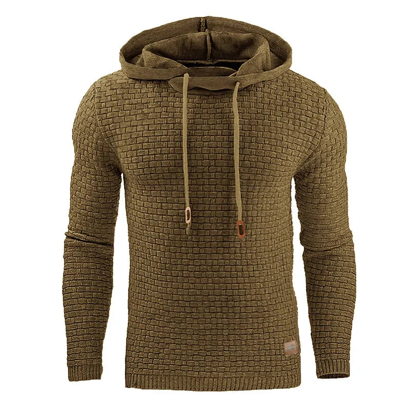 Man wearing a cotton-polyester blend hooded sweatshirt in grey, showing the front design and hood.