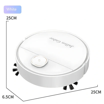 White automatic robot vacuum cleaner measuring 25x25x6.5cm with USB charging port