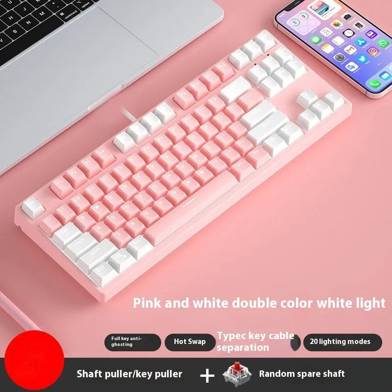 87-key mechanical keyboard with two-tone coloured keycaps on metal case