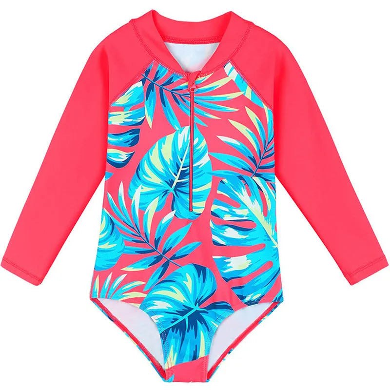 Girl's long-sleeve one-piece swimming suit in a briefs style on a hanger.