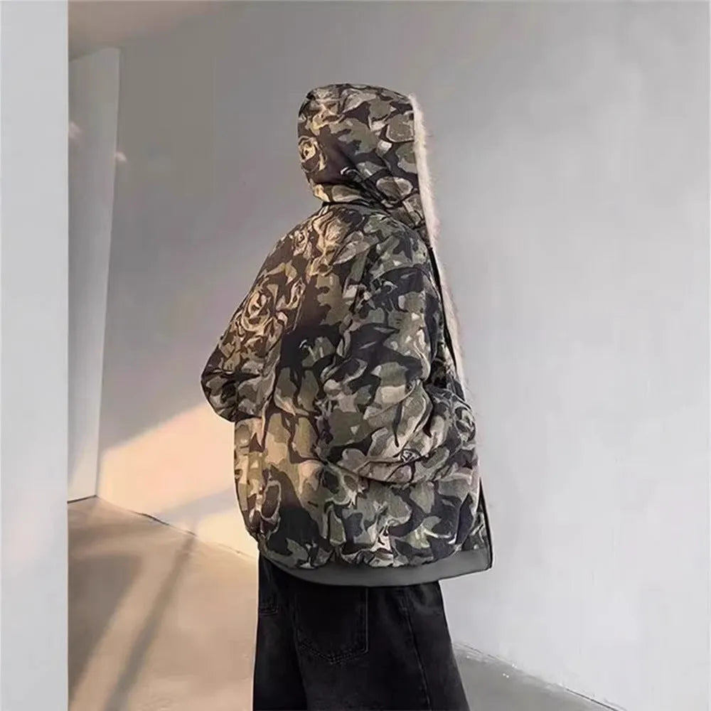Men's retro washed camouflage hooded jacket with fur collar, thickened cotton coat, loose fit, sizes S to XXXL