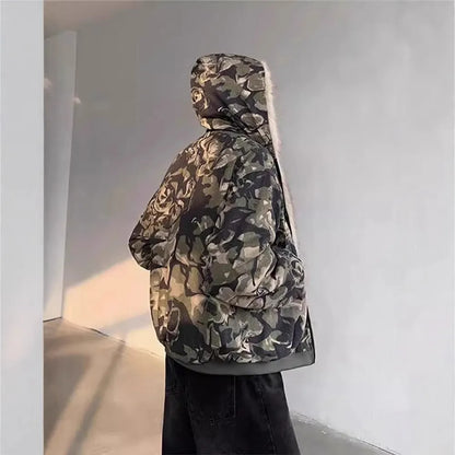 Men's retro washed camouflage hooded jacket with fur collar, thickened cotton coat, loose fit, sizes S to XXXL
