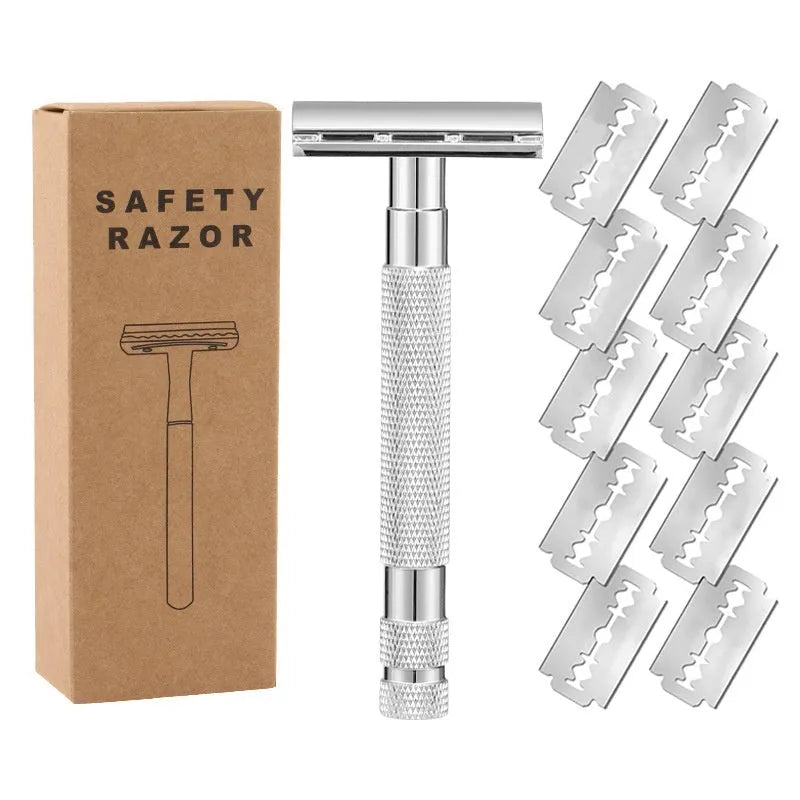 Traditional alloy double-edged safety razor with replaceable blades in choice of colours including black, silver, and rose gold.