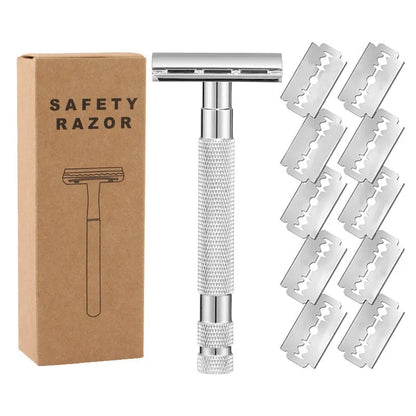Traditional alloy double-edged safety razor with replaceable blades in choice of colours including black, silver, and rose gold.