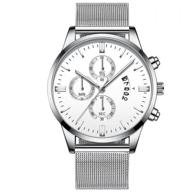 Men's stainless steel mesh band quartz watch showing two-tone colour options on a 4.2cm case.