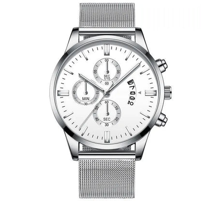 Men's stainless steel mesh band quartz watch showing two-tone colour options on a 4.2cm case.