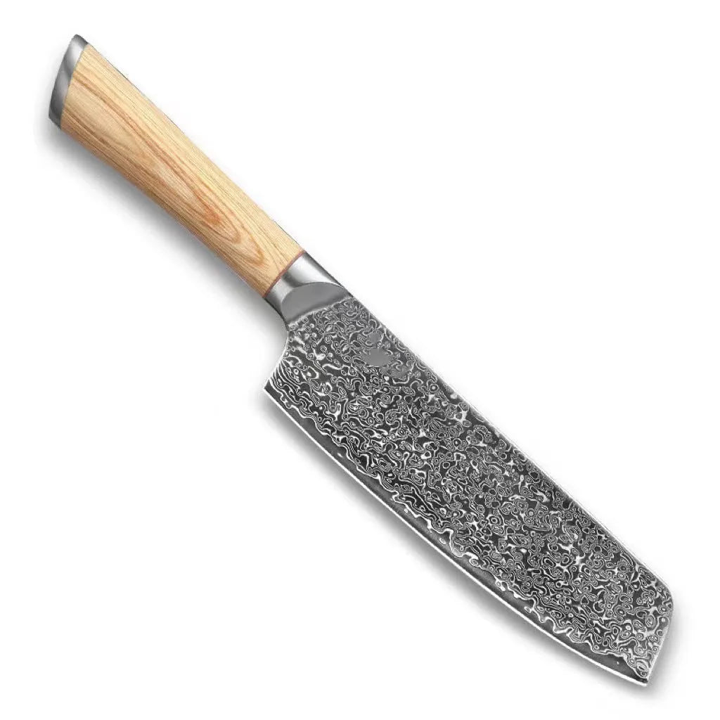 Damascus pattern kitchen knife set with eight stainless steel blades in various sizes