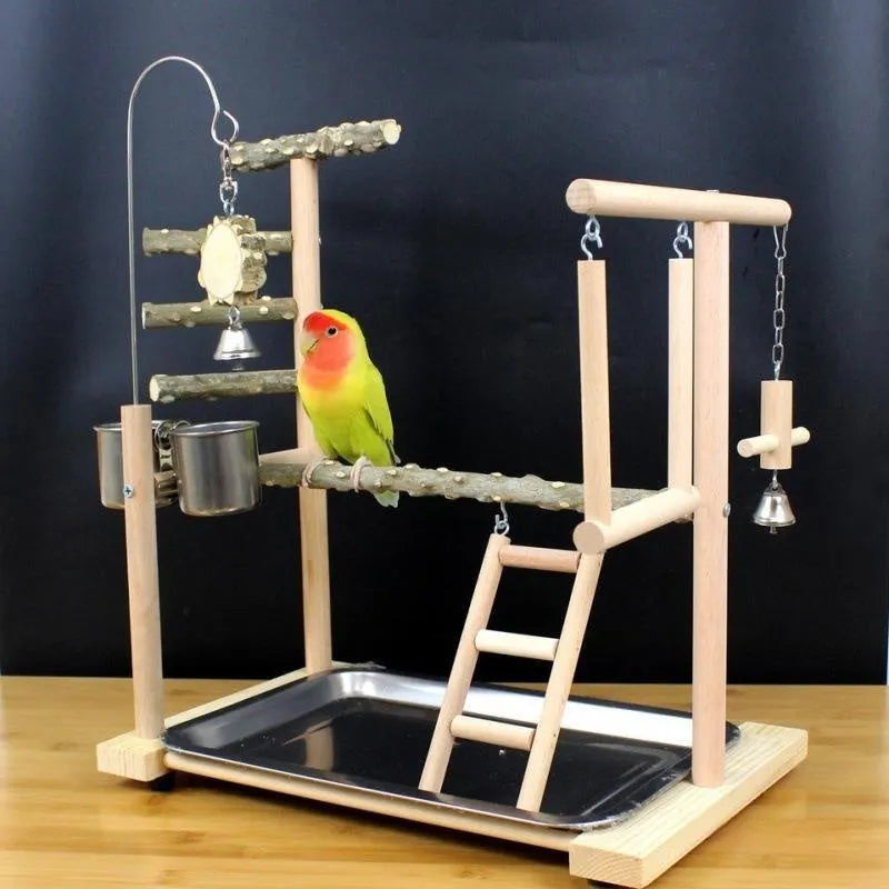 Tiger skin peony coloured parrot play stand made from pepper wood, featuring a xuanfeng design with a sub-stand pole and hanging toys.