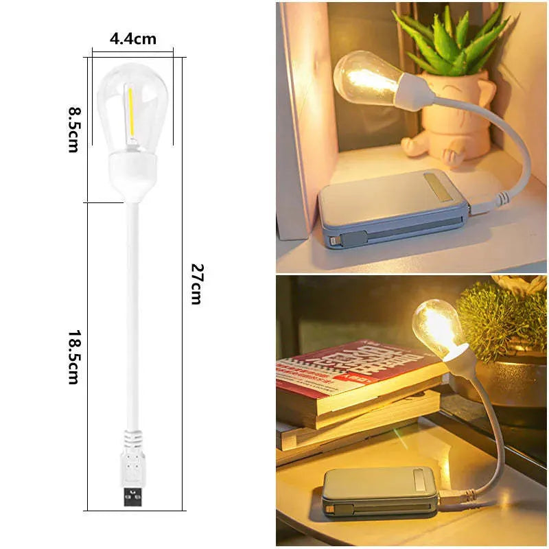 USB rechargeable folding night light with tungsten filament bulb showing warm white illumination
