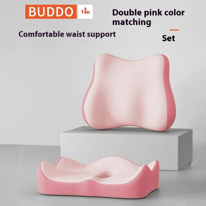 Memory foam seat cushion with contoured shape for lower back support, measuring 40cm x 40cm