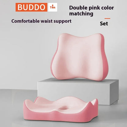 Memory foam seat cushion with contoured shape for lower back support, measuring 40cm x 40cm