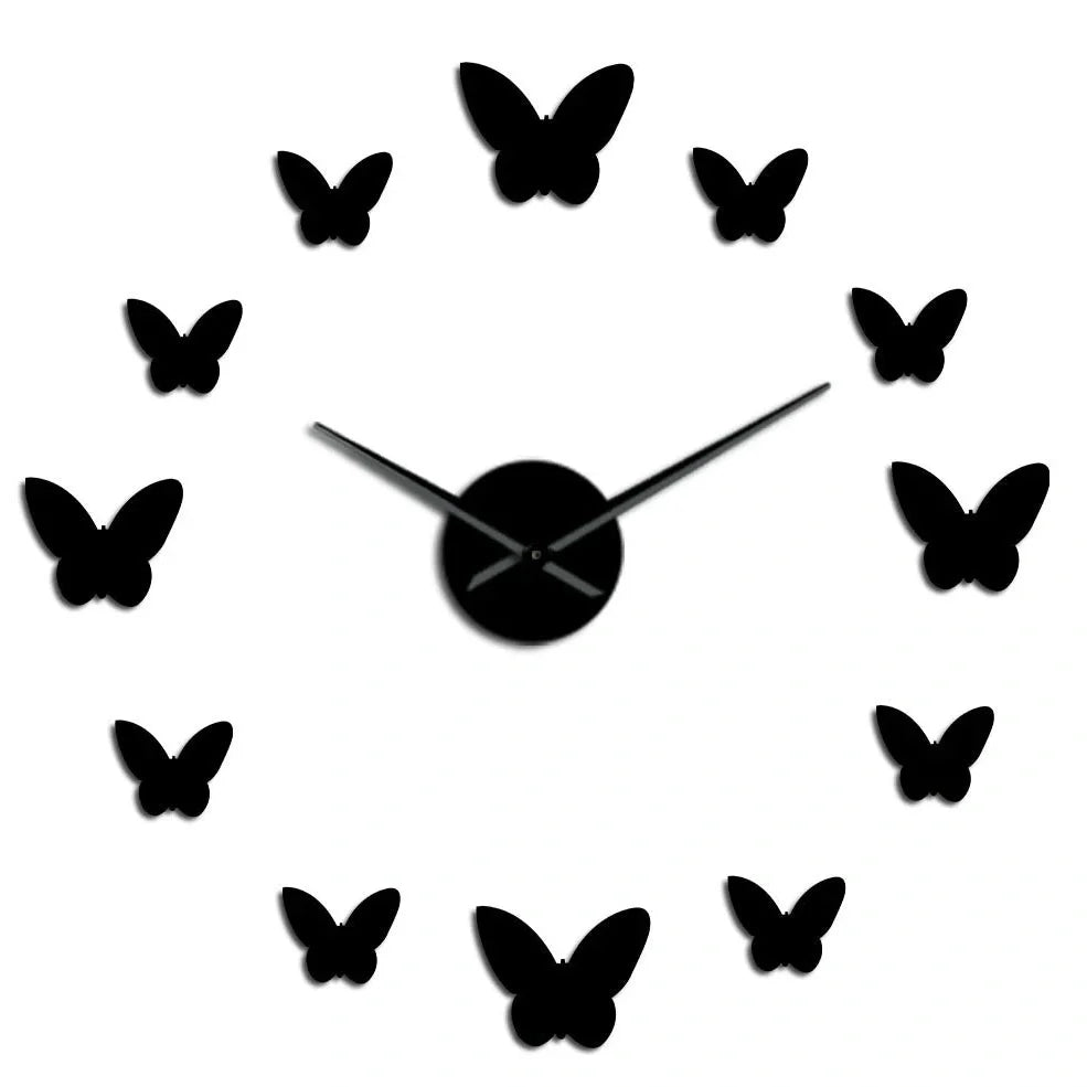 Scandinavian 3D butterfly mirror wall clock in round black gold or silver for living room bedroom decor