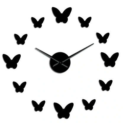 Scandinavian 3D butterfly mirror wall clock in round black gold or silver for living room bedroom decor