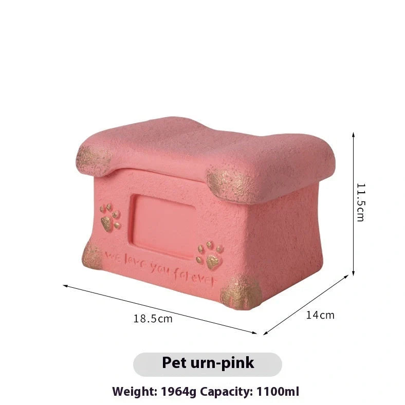 Handmade Polant cement pet cremation casket in black, grey, pink, or white colours with ash urn