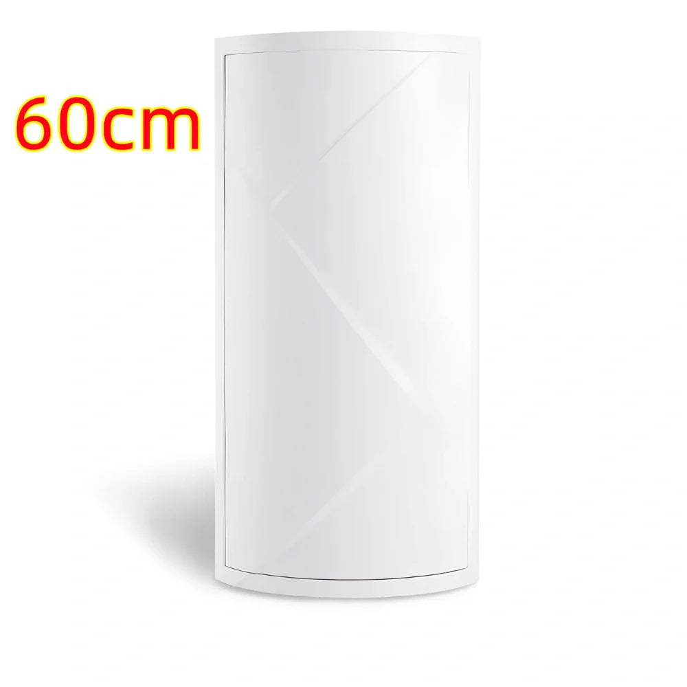 White triangle corner shelf with three tiers mounted in bathroom corner holding toiletries