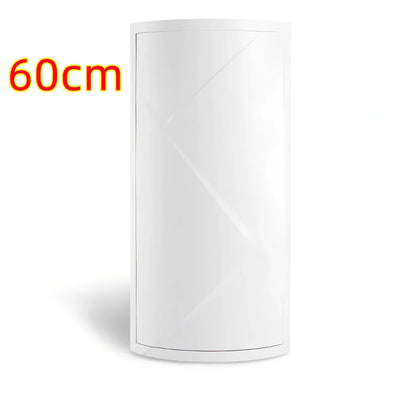 White triangle corner shelf with three tiers mounted in bathroom corner holding toiletries