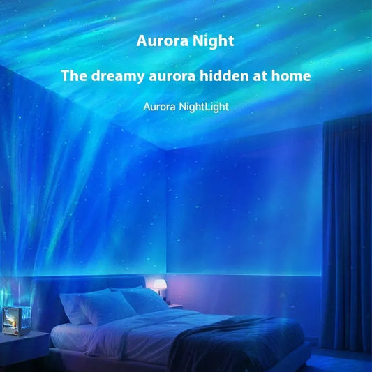 Aurora Treasure Box projection lamp showing Star Sea Whale light pattern with Bluetooth speaker, dimensions 11.98cm x 12.8cm x 16.23cm