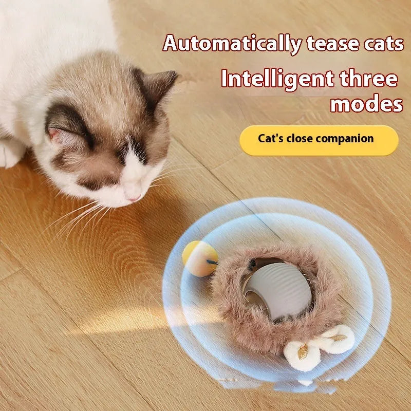 Plush silicone rolling ball cat toy in red, green, and grey colour options for feline self-play entertainment