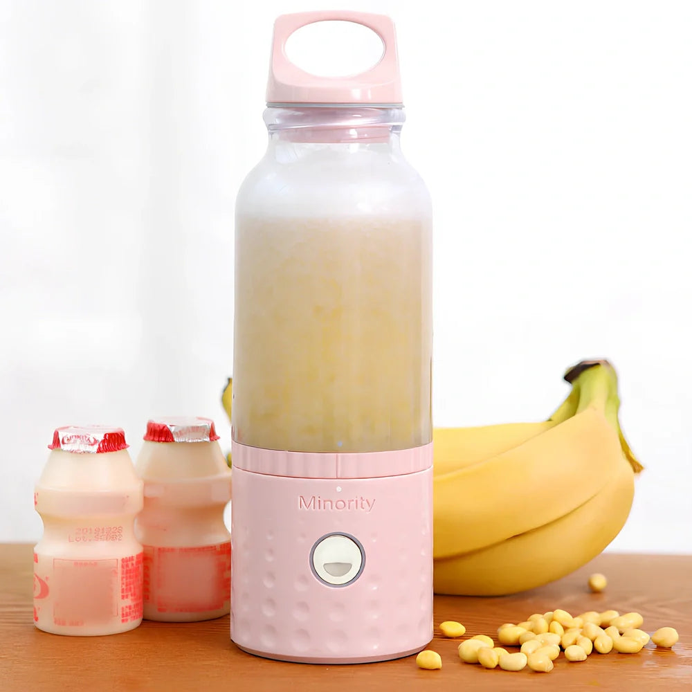 Blue portable blending cup with USB charging cable and 500ml capacity measurement