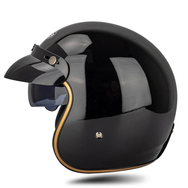 Retro-style motorcycle half helmet in ABS construction showing colour options and size range from S to XXL