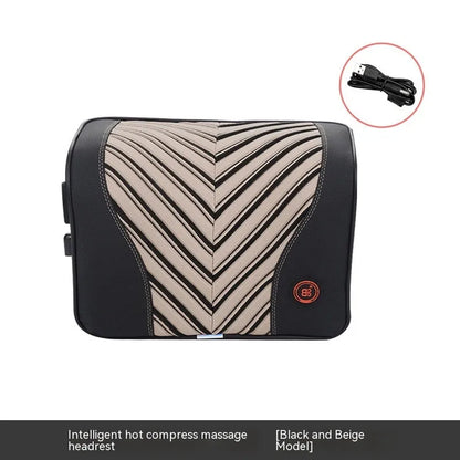 Black and orange electric massage heating car headrest and lumbar support cushion on a vehicle seat.