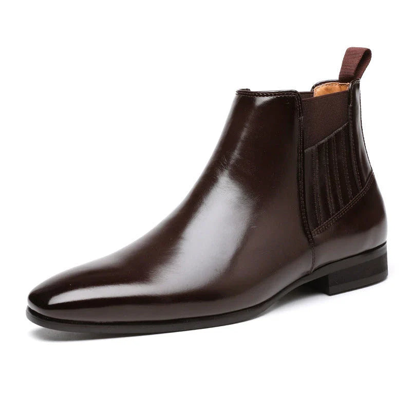 Sleek Chelsea-style boots for men with pointed toe and square heel, available in black and brown colors