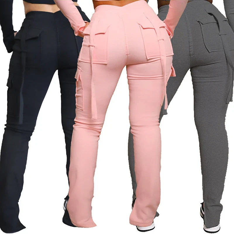 Versatile high-waisted cargo pants for women with pockets, drawstring, and wide leg design