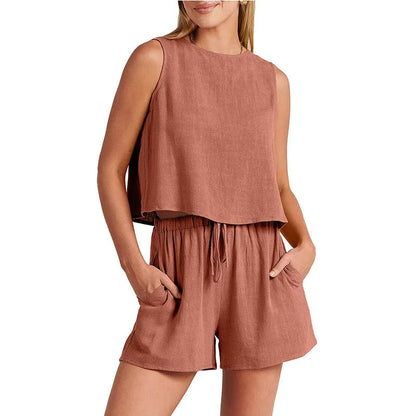 Women's summer two-piece set with sleeveless top and drawstring shorts in rayon linen blend.