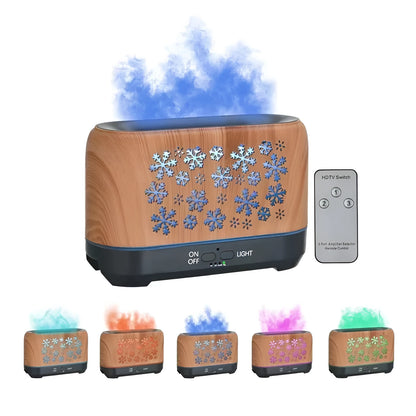 Square wood grain humidifier with colourful snowflake pattern and multicolour flame effect mist.