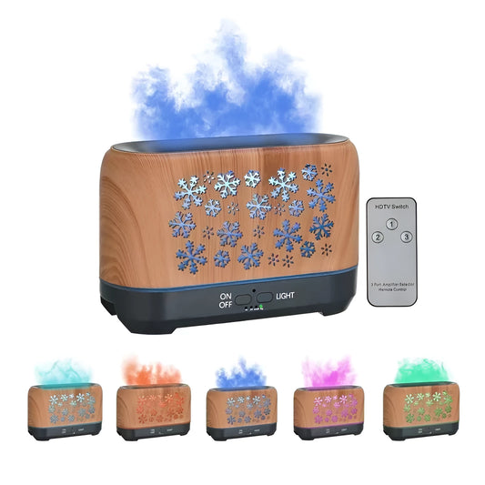 Square wood grain humidifier with colourful snowflake pattern and multicolour flame effect mist.