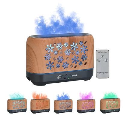 Square Christmas snowflake pattern humidifier with wood grain design and colourful flame lighting effect on desktop