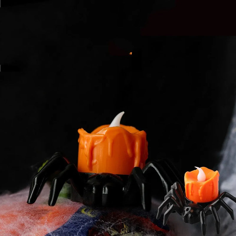 Halloween spider candlestick ornament with plastic construction measuring 7x8.5x5cm for party and holiday atmosphere decoration, featuring American style design available in eyeball or spider lamp colour options, powered by included batteries.