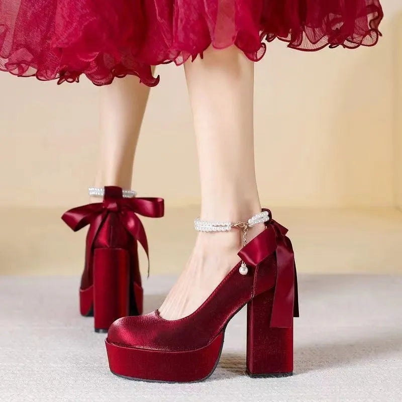 Women's waterproof platform wedding shoes with thick chunky heels in wine red colour with buckle detail