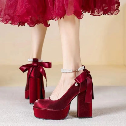 Women's waterproof platform wedding shoes with thick chunky heels in wine red colour with buckle detail