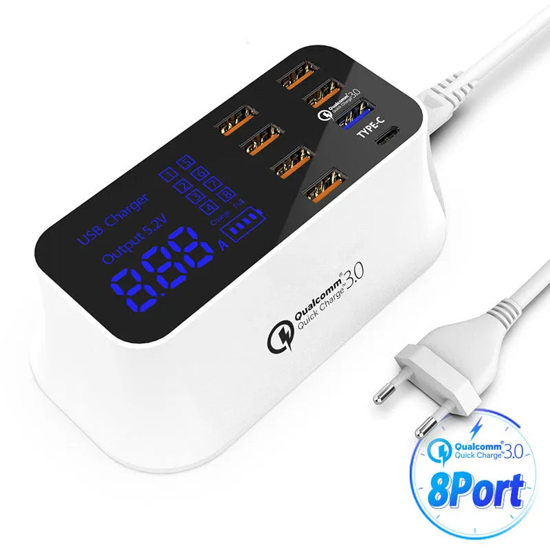 Ceramic white multi-USB fast charger with digital display showing charging voltage and current