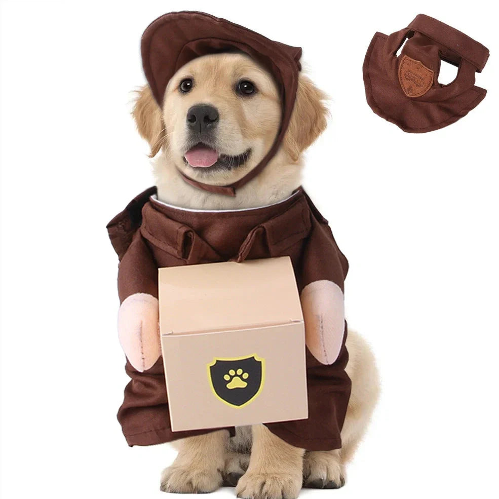 Pet wearing cartoon cowboy costume with knight-style design and matching hat, showing multiple colour options