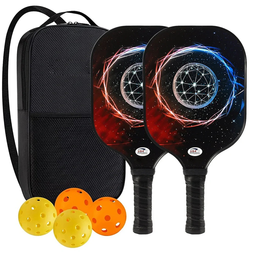 Peak Racket fibreglass squash set showing two rackets and four balls for complete playing equipment