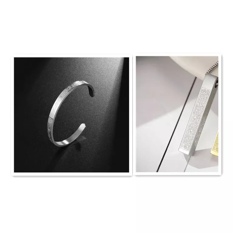 Stainless steel Arabic disc necklace and bracelet set with polished finish and personalized engraving