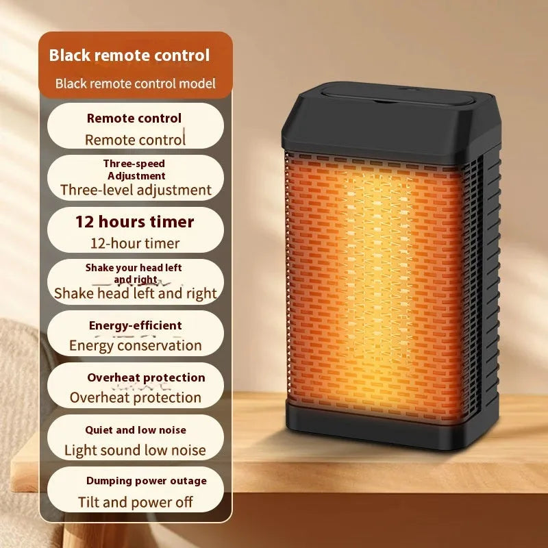 Black remote control desktop heater with shaking head, dimensions 14.5cm by 10cm by 26cm