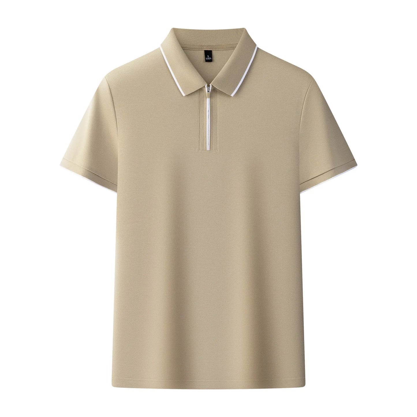 Men's solid colour short sleeve polo shirt with a silver front zipper, shown in beige apricot.