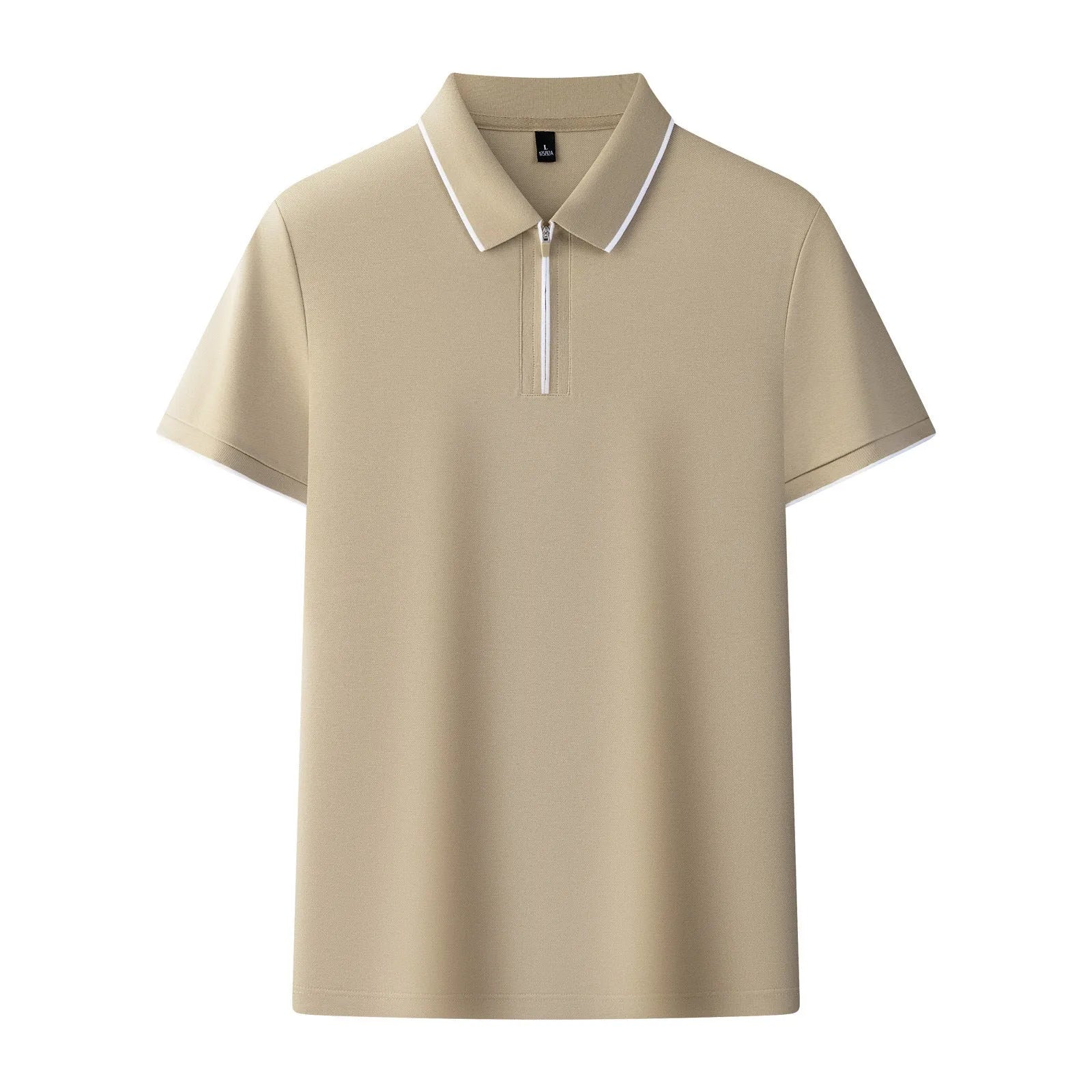 Men's solid colour short sleeve polo shirt with a silver front zipper, shown in beige apricot.