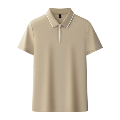Men's solid colour short sleeve polo shirt with a silver front zipper, shown in beige apricot.
